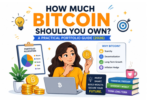 How Much Bitcoin Should You Own? A Practical Portfolio Guide (2026) Cartoon illustration of a woman planning her Bitcoin portfolio with a laptop, Bitcoin coin, portfolio allocation chart, and financial planning icons on a white background for a practical Bitcoin investment guide in 2026.